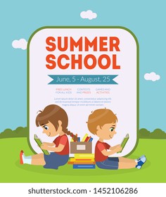 Summer School Banner Template With Cute Boy And Girl Sitting On Lawn And Reading Books Vector Illustration