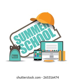 Summer School Icon With Computer, Notebook, Backpack And Baseball Cap. EPS 10 Royalty Free Stock Illustration For Ad, Promotion, Poster, Flier, Blog, Article, Social Media, Marketing