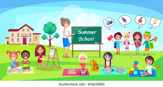Summer school poster depicting kids and teacher. Vector illustration of happy pupils sitting and standing in front of their educational institution