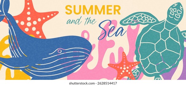 Summer and sea, abstract modern banner with sea animals. Creative summer design for poster, branding, sales, advertising. Vector.