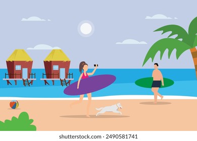 Summer sea activity, beach hut, surfing on ocean waves 2d flat vector illustration