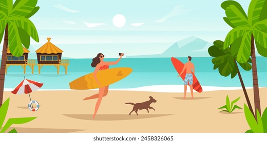 Playa de actividad de mar de verano, surf en la costa oceánica. Vector de surf de verano, ilustración tropical de resort de mar