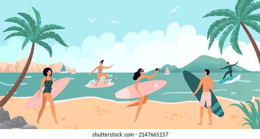 Summer sea activity, surfing on ocean waves. Summer wave and water surfing, surfer on surfboard, active vacation on beach, vector illustration