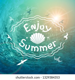 Summer sea background. Beautiful white inscription on the background of raging waves and seagulls. Banner for the tour operator.