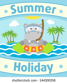 Summer sea background card with hippopotamus