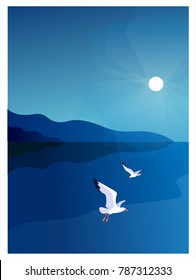 Summer sea background. Sea coast, sky, sun, gulls. Vector illustration