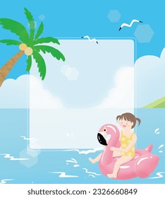 Summer sea background frame with a girl riding a tube