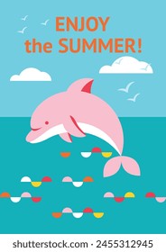 Summer sea background with happy cute dolphin leaping over the waves. Seascape with a joyful dolphin jumping out of the water. Poster, card, invitation