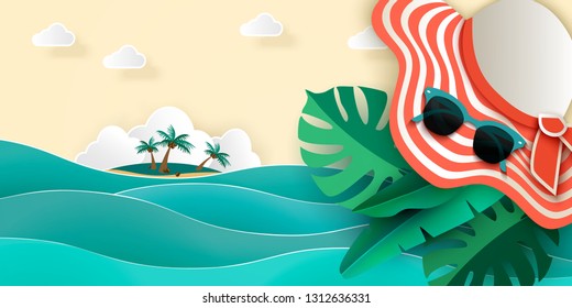 Summer sea background with sea, island with palm trees, sunhat, sunglasses, monstera leaves and other tropical leaves, top view, 3D vector illustration, Paper cut art style