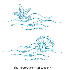 Summer Sea Background With Sand, Seashell And Sea Star. Vector. Drawn In Technique Etching. 