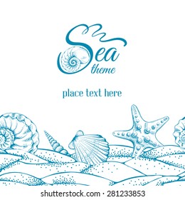 Summer sea background with sand, seashells and sea star. Vector. Drawn in technique etching. 