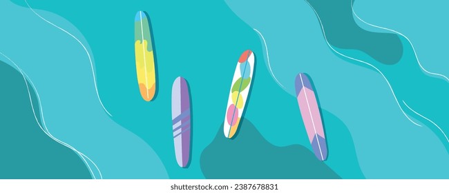 Summer sea background. Top view sea with with surfboards. Sea trip. Resort trip. Ocean relax. Summer surfing vector design.