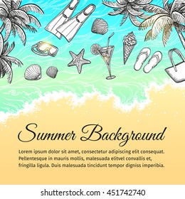 Summer sea background. Vintage hand drawn vector illustration.