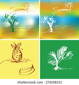 Summer sea backgrounds vector set with fruit trees.