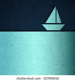 Summer sea banner with sailing boat made of fancy paper, vector eps8 illustration