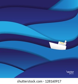 Summer sea banner Ship made of fancy paper, vector illustration