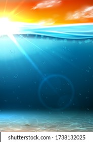 Summer sea banner with sunrise. Vector illustration with deep underwater ocean scene with seashells on sandy bottom. Realistic sea landscape with sunset or sunrise.