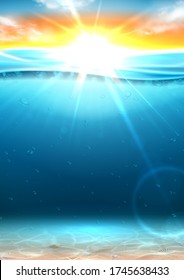 Summer sea banner with sunrise. Vector illustration with deep underwater ocean scene with seashells on sandy bottom. Realistic sea landscape with sunset or sunrise.