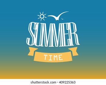 Summer sea beach background colors with the word summer, soaring birds and sea stars