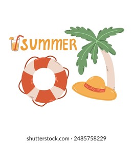 Summer sea beach background with greeting. Hello summer, set of elements on the sand. Beach hat, palm tree and lifebuoy