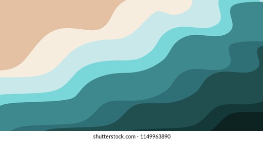 Summer sea beach background. Surf. Blue turquoise curve line wave layer background with white space, vector