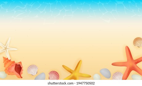 Summer Sea Beach Background vector illustration. Beautiful beach and seashells with copy space