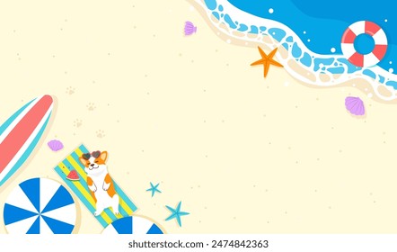 Ilustración vectorial de fondo de playa de verano. Lindo perro galés Corgi durmiendo en una estera de picnic en la playa