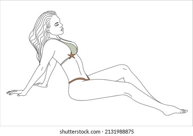 Summer Sea beach Beautiful girl in swimsuit, vector illustration