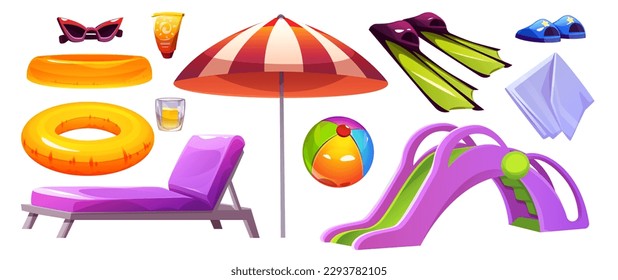 Summer sea beach element vector cartoon illustration set. Isolated tropical pool party element collection with cocktail, sunglasses, umbrella and ball on white background. Waterslide and lifebuoy item