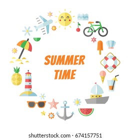 Summer, sea and beach flat circle vector frame.