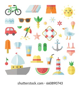 Summer, sea and beach flat vector square big set.