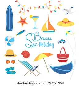 Summer sea beach holiday activity vector icon set. Leisure relax design element collection. Seaside enjoy background. Vacation time cute cartoon sign illustration. Seashore beach fun resting template