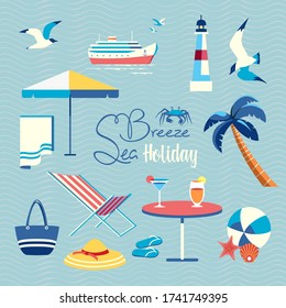 Summer sea beach holiday fancy vector icon set. Leisure relax design element collection. Seaside enjoy background. Vacation time cute cartoon sign illustration. Seashore beach fun resting template