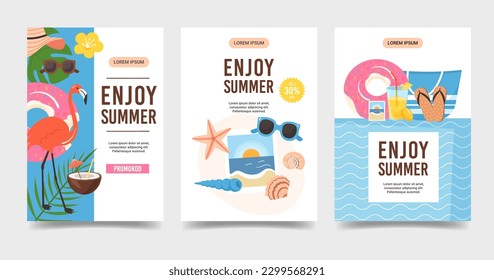 Summer Sea Beach Holidays Set of vertical flyer templates. Promotion banner with sea and beach vacation items. Party, Sale concept. Flat colorful vector illustration. 