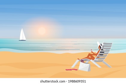 Summer sea beach holidays, travel vacation vector illustration. Cartoon young bikini girl character in hat sunbathing, lady sitting in beach lounge chair with cocktail in hand, back view background