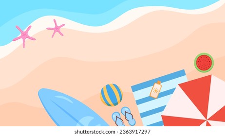 Summer sea beach and island with beach chair, umbrella, ball, Inflatable flamingo, cloud, Hot air balloon, starfish, coconut tree, landscape background. Summertime style. Summer vector.