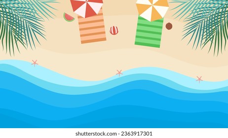 Summer sea beach and island with beach chair, umbrella, ball, Inflatable flamingo, cloud, Hot air balloon, starfish, coconut tree, landscape background. Summertime style. Summer vector.
