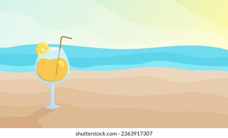 Summer sea beach and island with beach chair, umbrella, ball, Inflatable flamingo, cloud, Hot air balloon, starfish, coconut tree, landscape background. Summertime style. Summer vector.