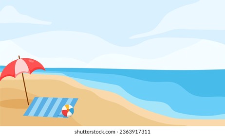 Summer sea beach and island with beach chair, umbrella, ball, Inflatable flamingo, cloud, Hot air balloon, starfish, coconut tree, landscape background. Summertime style. Summer vector.