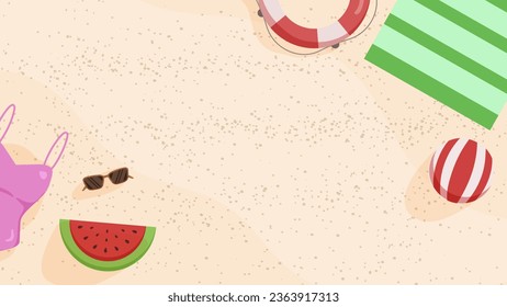Summer sea beach and island with beach chair, umbrella, ball, Inflatable flamingo, cloud, Hot air balloon, starfish, coconut tree, landscape background. Summertime style. Summer vector.