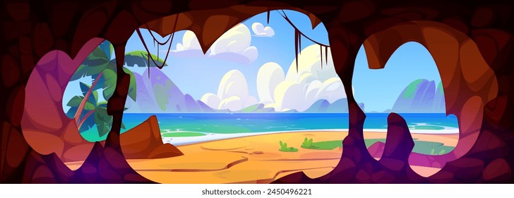 Summer sea beach landscape cave view background. Tropical seaside horizon beautiful travel scene. Sandy ocean shore nature and blue sky with cloud. Heat July on Hawaii paradise panorama illustration