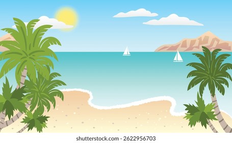 Summer Sea Beach Landscape featuring sun, clear blue sky, calm ocean, palm trees and sandy shore, evoking a relaxing tropical vacation vibe, ideal for travel themes and seasonal promotions.