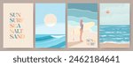 Summer sea beach landscape poster, cover, card set with sea view, waves, sunny beach, surfer girl with surfing board and typography. Summer holidays, vacation travel illustrations. Surf aesthetics