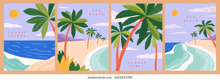 Summer sea beach landscape poster, cover, card set with sea view, sunny beach, palms and typography design. Summer holidays, vacation travel illustrations.