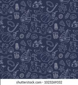 Summer sea beach line doodle icons seamless vector pattern