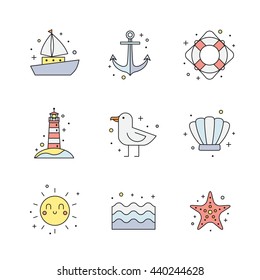 Summer, sea and beach multicolored icon set. Clean and simple outline design.