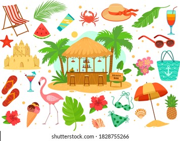 Summer sea beach objects vector illustration set. Cartoon flat beachfront bar with tropical drinks, vacation island element for sunbathing, beach life isolated on white. Seashore tourism in summertime