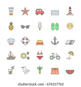 Summer, sea and beach outline multicolored icon vector set.