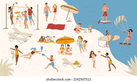 Summer sea beach with people swim on surf and paddle boards, parasailing, play volleyball, tennis and walking. Vector flat illustration of rest and leisure activities on resort vacation