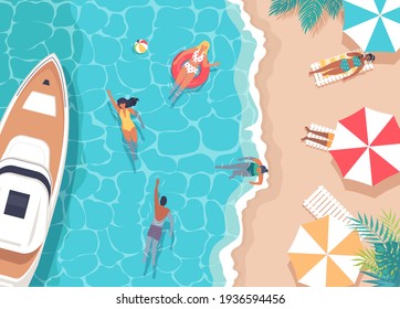 Summer sea beach resort, yacht and resting people 
